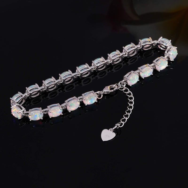 CiNily Oval Shape Tennis White Opal Bracelet for Women Ladies Adjustable Opal Jewelry Rhodium Plated Gemstone Bracelet 8.5" - Image 3